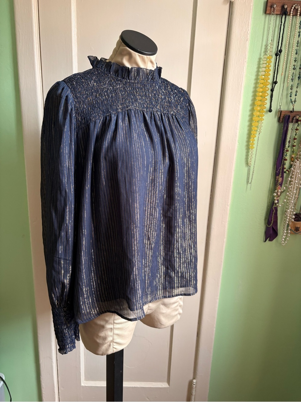 Ann Taylor Metallic Navy Smock-Neck Long Sleeve Blouse